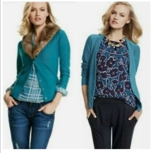 CAbi Tearoom Cardigan w/faux fur collar removable Medium Teal Green EUC - Picture 8 of 14